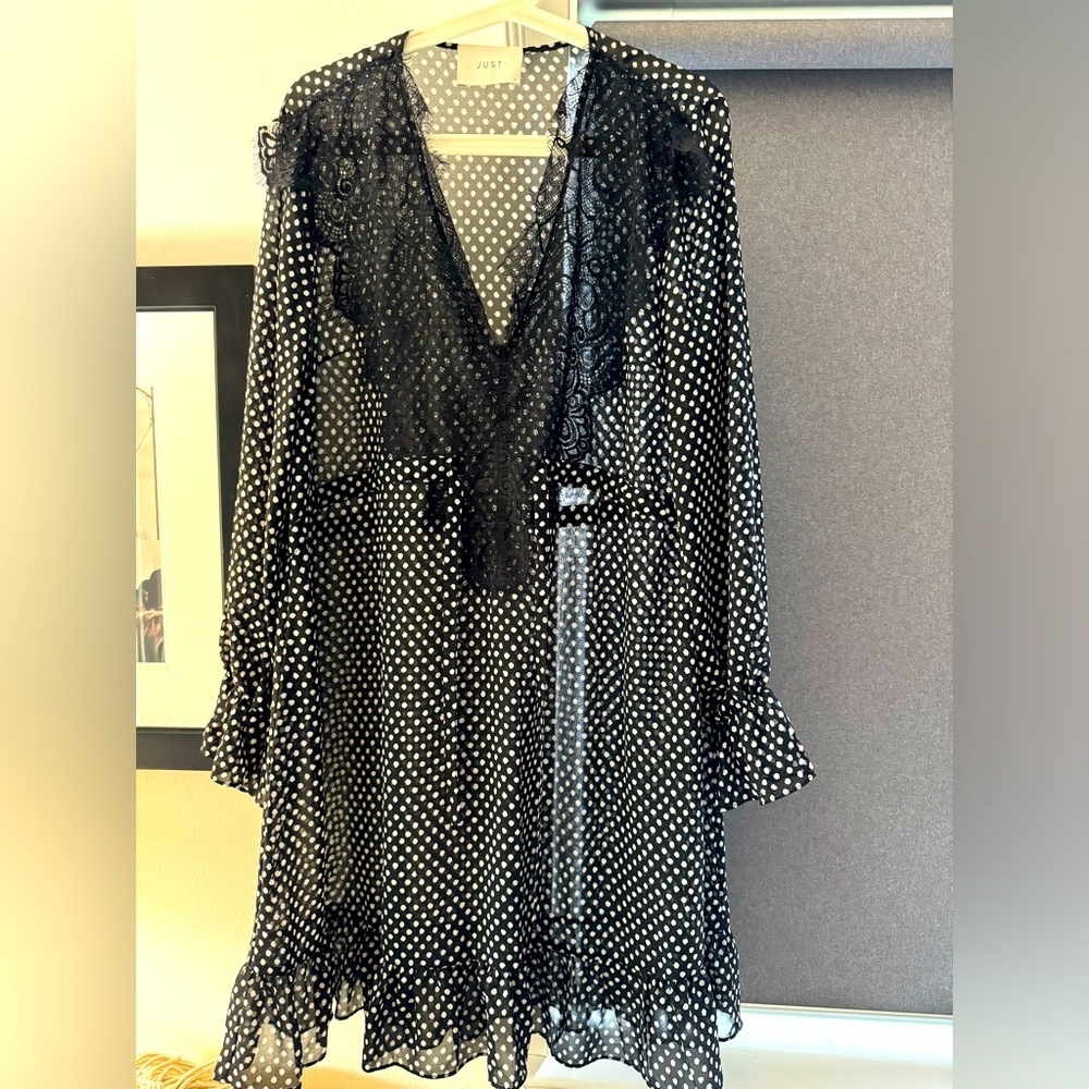 $45 CLOSET SALE:  Black +white flowy polka dot dress with lace from JUST FEMALE